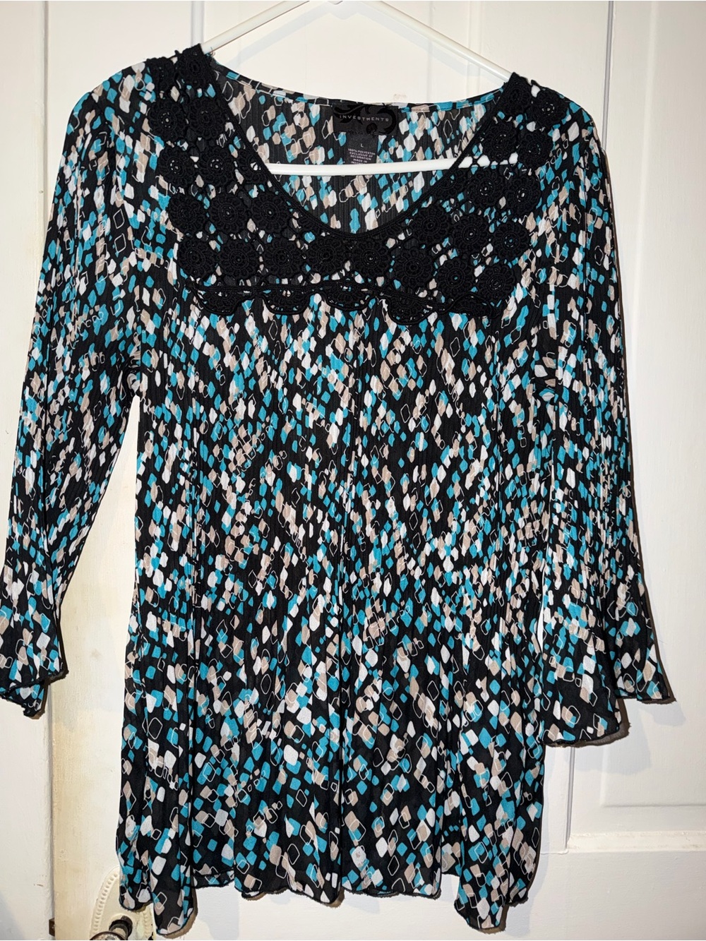 Investments Black, Teal & White Crochet Yoke Tunic
